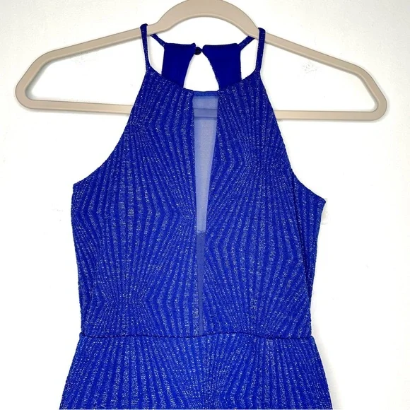 Charlotte Russe Electric Blue Cutout Halter Mini Dress XS Metallic Semi Formal - Picture 2 of 15